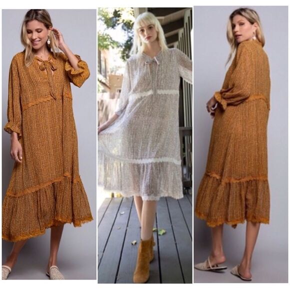 COTTAGE Core  A Shape  Lace Trimmed Dress w/ 3/4 Sleeves - Picture 7 of 16